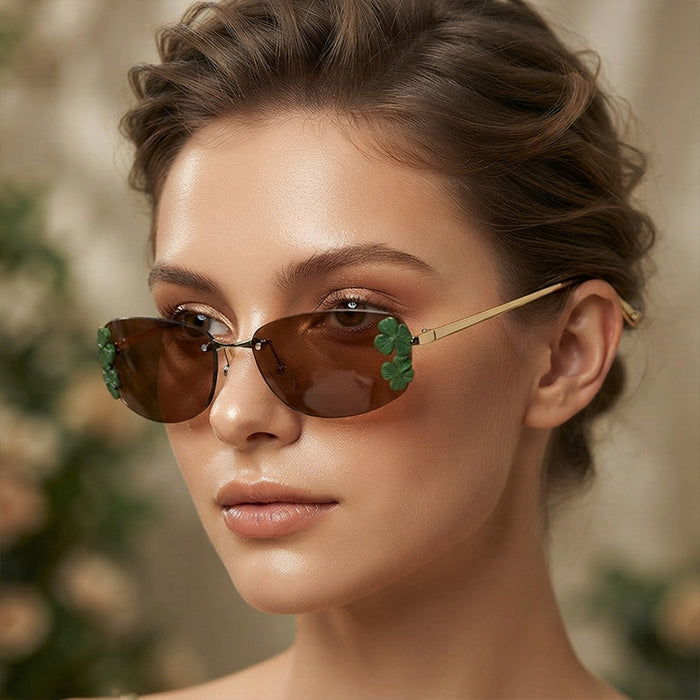 Wholesale Rimless Square Metal Leaf Decoration Sunglasses Fashion Accessory Gift for Women