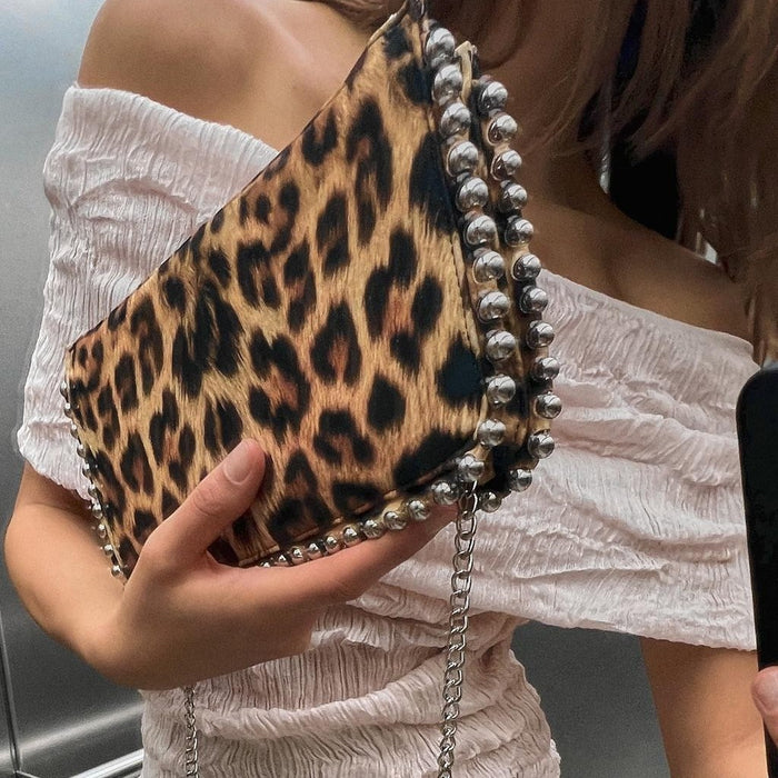 Wholesale Leopard Print Rivet Decorated Mini Shoulder Crossbody Bag