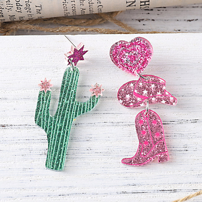 Wholesale Western Style Cactus Denim Hat Boots Sequin Acrylic Pendant Earrings Asymmetric Earrings