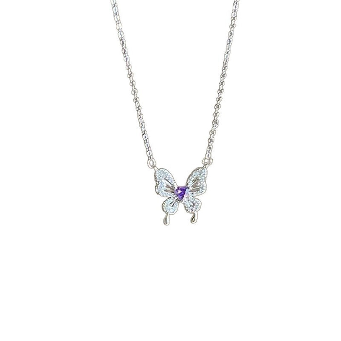 Wholesale Purple Butterfly Love Heart Titanium Steel Necklace Chic Jewelry Accessory