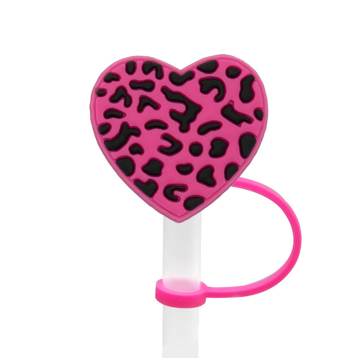 Wholesale New Love Leopard Pattern Straw Cover Straw Cap Silicone Dustproof Stopper Cute Anime Party Straw Decoration Cross border Product