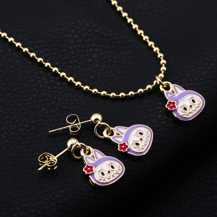 Wholesale Necklace Earrings  Cartoon Cute Metal Enamel Set Pendant Ear Pin Holiday Gift