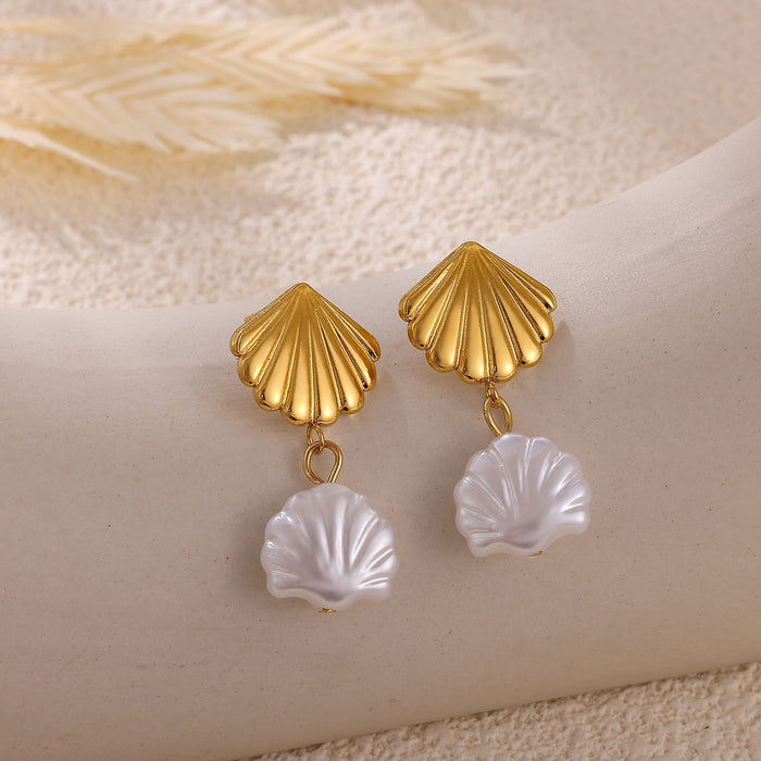 Wholesale Stainless Steel Ocean Series Shell Pearl Pendant Earrings Niche Jewelry