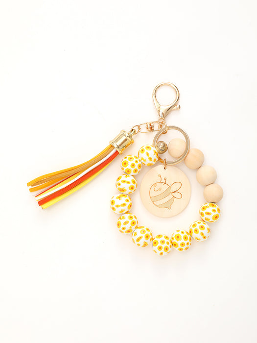 Wholesale Colorful Wooden Beads Bracelet Tassel Wood Keychain JDC-KC-RongRui039