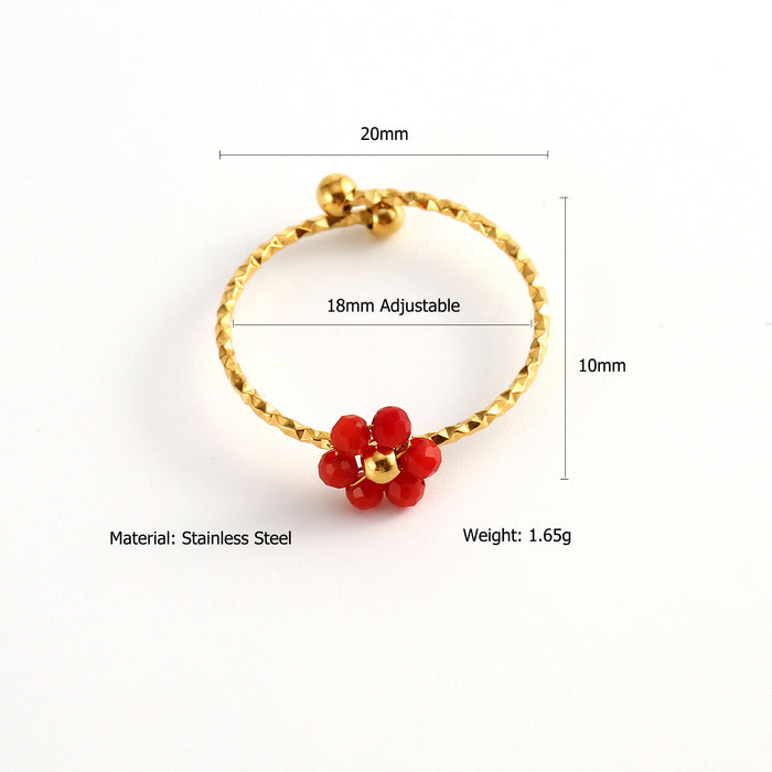 Wholesale Fashionable and minimalist stainless steel cut surface natural stone flower ring, personalized and versatile, multi-color adjustable ring