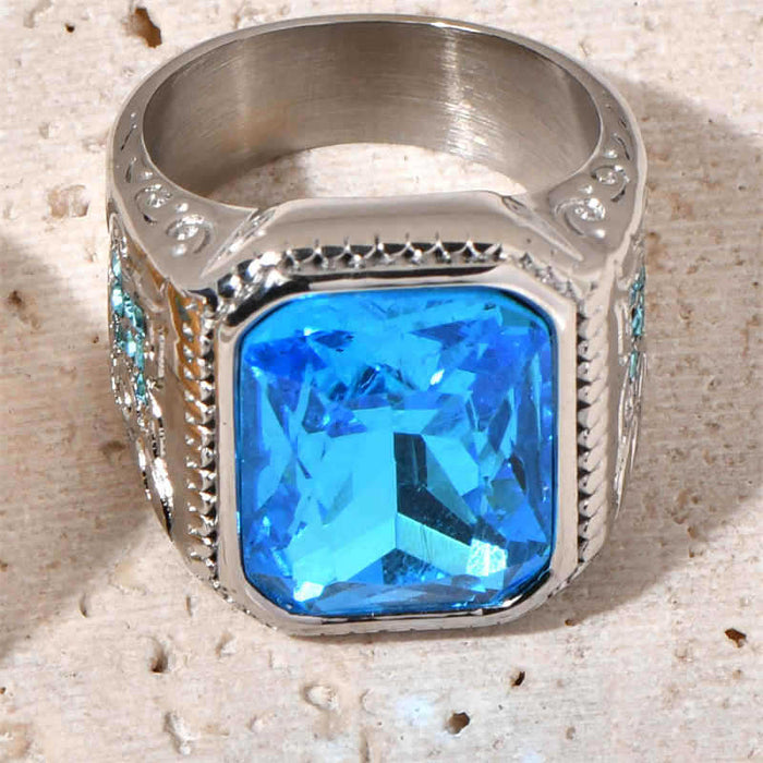 Wholesale HIPHOP titanium steel vacuum gold-plated ice blue rhinestone men' s ring