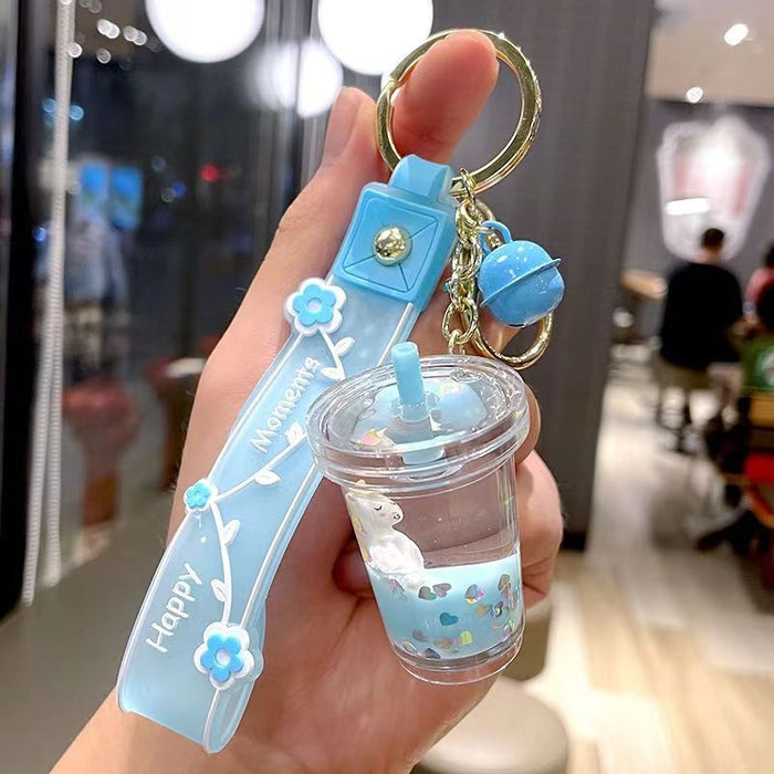 Wholesale Cute milk tea cup unicorn oil quicksand key chain rainbow horse bag hanging ornaments grab baby machine small gifts