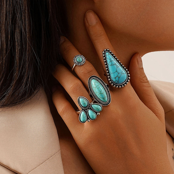 Wholesale Ethnic Style Retro Turquoise Carved Feather Ring Fashionable and Personalized 8-Piece Combination Ring Set