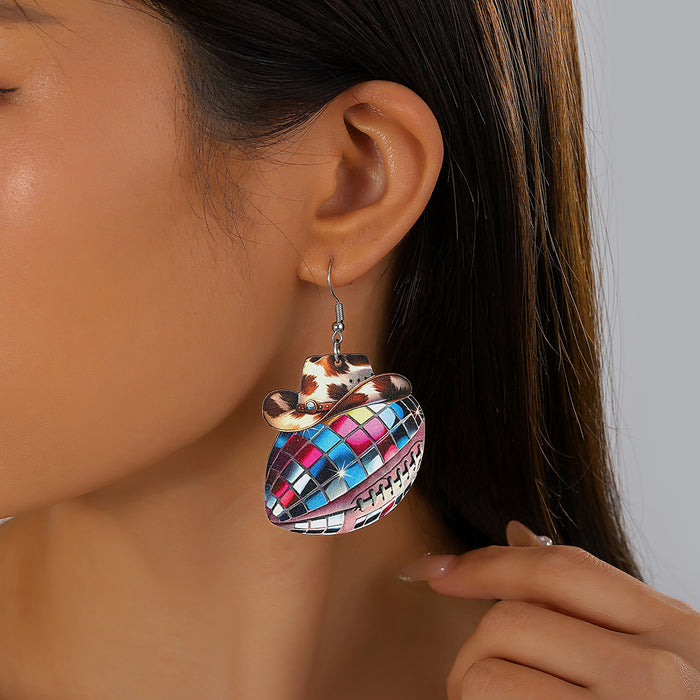 Wholesale Denim Hat Ball Wooden Pendant Earrings Rugby Football Volleyball Earrings Gifts