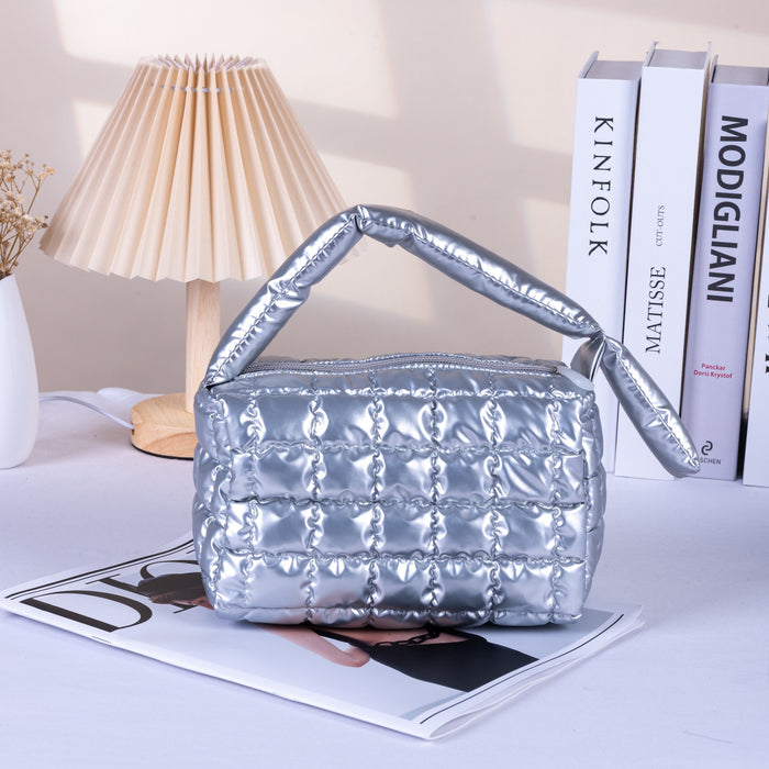 Wholesale Quilted Down Makeup Bag Small Pink Handbag Style Travel Cosmetic Pouch With Ins Style Multi Purpose Organizer