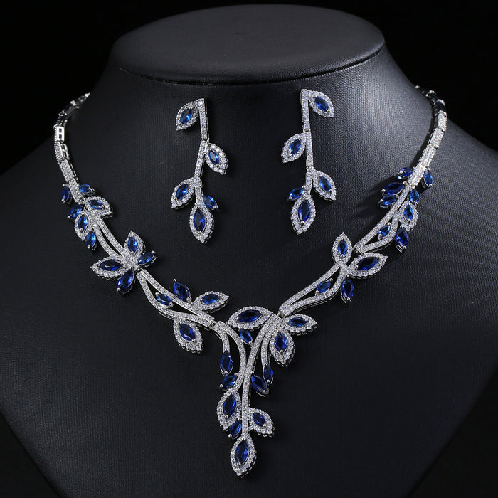Wholesale Zircon Necklace Earrings suit Jewelry Full Diamond Jewelry Leaves Women' s Holiday Wear