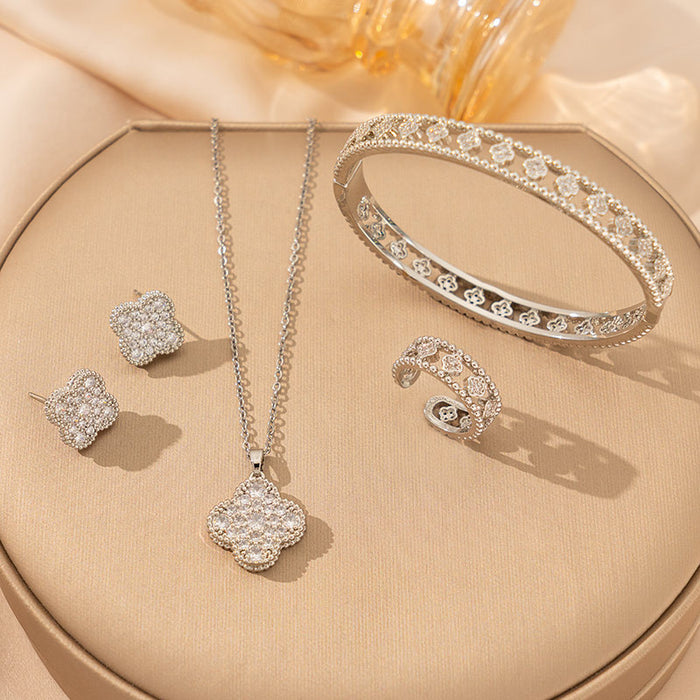 Wholesale Titanium Steel Full Diamond Four-Leaf Clover Necklace Earrings Ring Bracelet Set