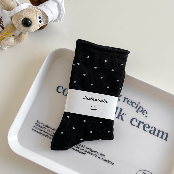 Wholesale Sweat absorbing and breathable socks with polka dot rolled edges, mid tube socks, stacked socks