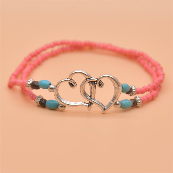 Wholesale Beach Vacation Style Double Heart Beaded Jewelry Set Alloy Necklace and Bracelet MOQ≥2