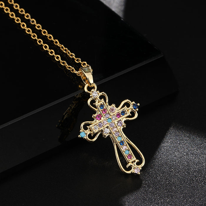 Wholesale Copper Inlaid Zircon Cross Pendant Necklace JDC-NE-ShangY035