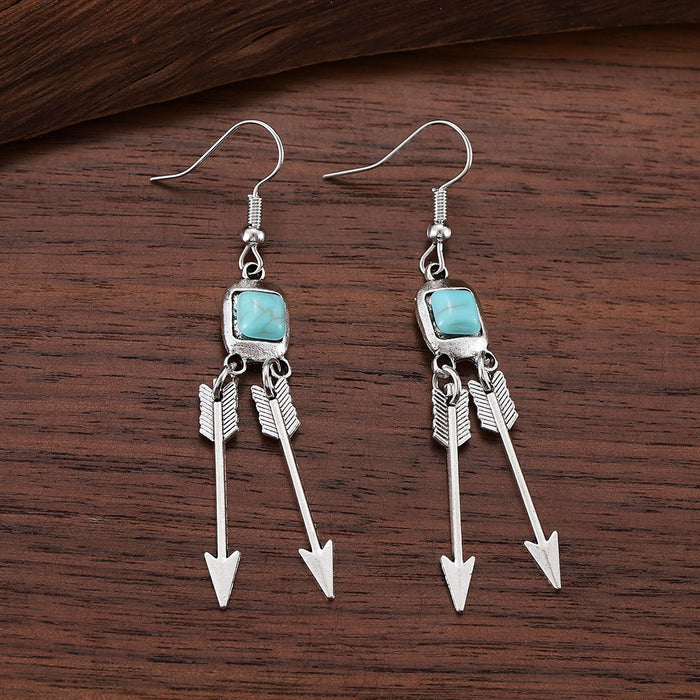 Wholesale Old silver irregular turquoise pendant feather arrow earrings creative retro earrings