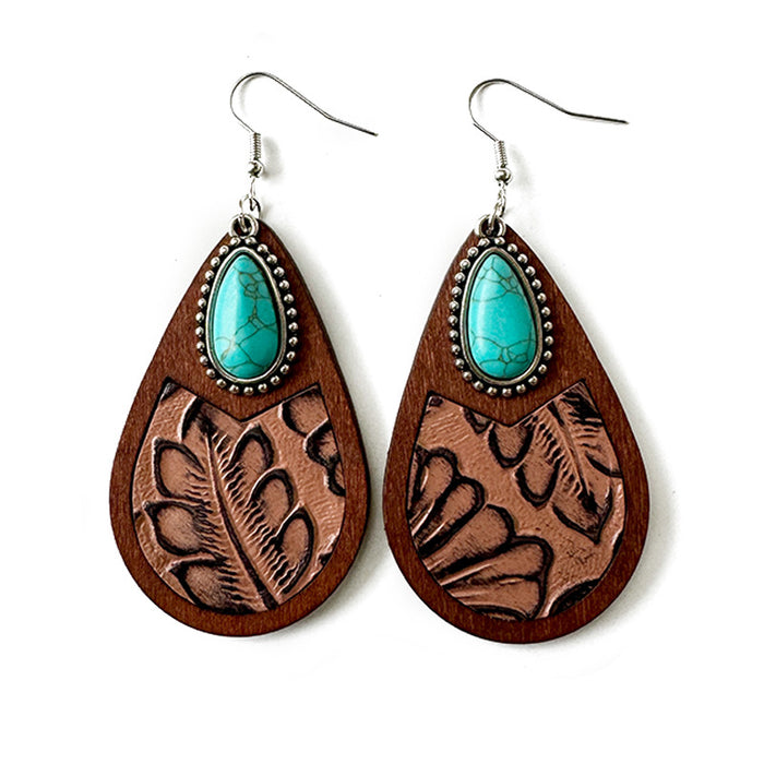 Wholesale Western genuine leather earrings classic horse hair leopard embossed cowhide water drop vintage earrings