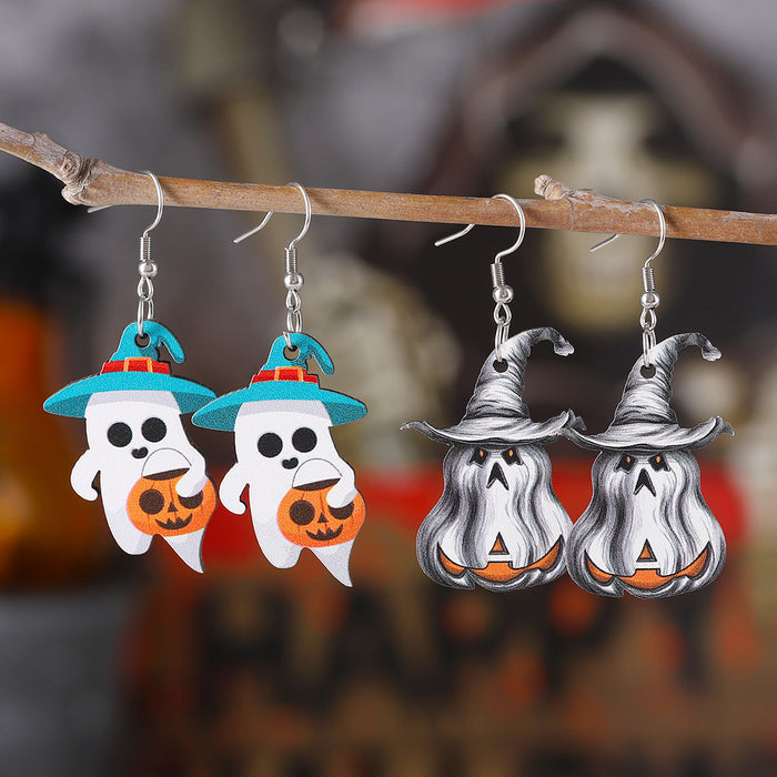 Wholesale  Pumpkin Black Cat Ghost Pendant Earrings Wooden Gothic Double-sided Ear Jewelry
