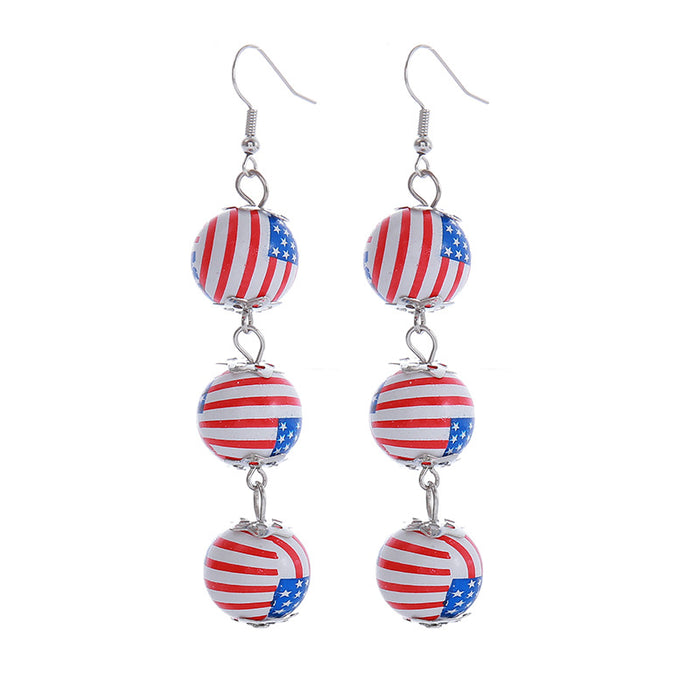 Wholesale American Independence Day Colorful Printed Flag Wooden Beads Long Round Bead Pendant Earrings JDC-ES-ChouTteng018