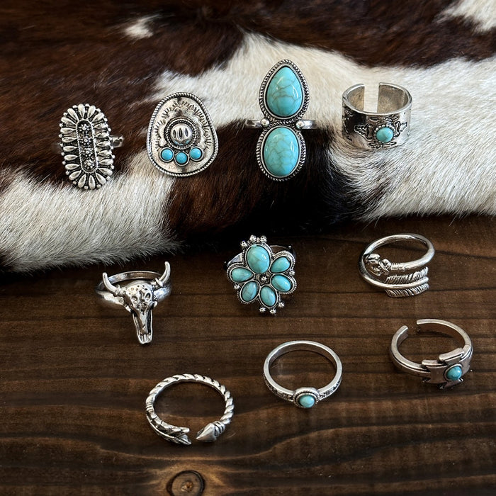 Wholesale Imitation turquoise ring set Creative bull head flower feather multi-element turquoise ring set