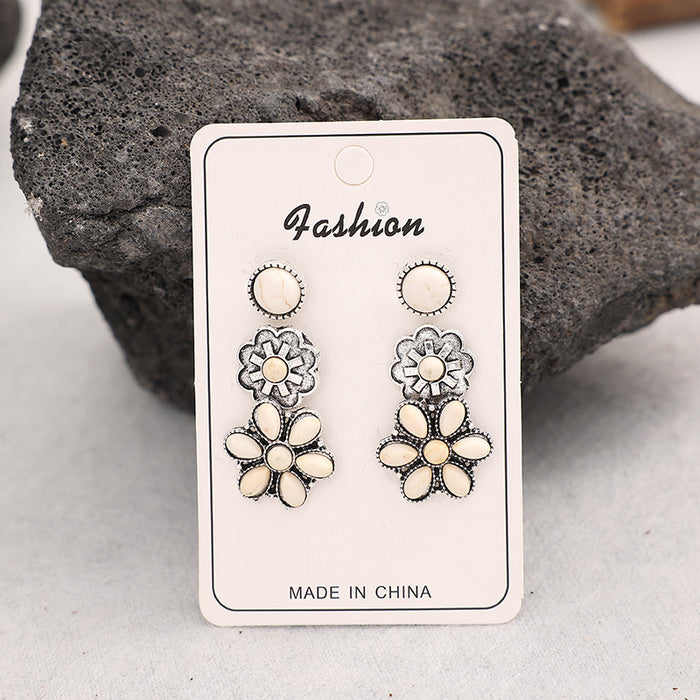 Wholesale Retro Western Style Silver-Tone Alloy Turquoise 3-Piece Earring Set