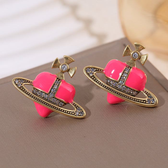 Wholesale Three-color oil-drop heart Saturn micro-inlaid zircon earrings
