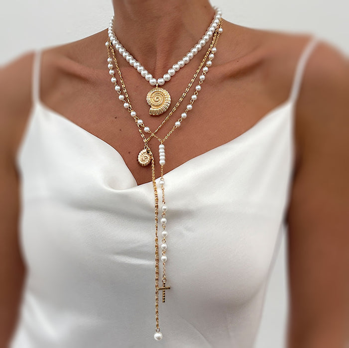Wholesale Elegant Long Pearl Y-shaped Tassel Jewelry Simple Cross Pendant Stacked Necklace