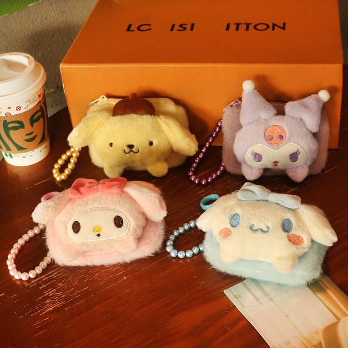 Wholesale Plush White Dog Coin Purse With Bead Chain Cute Bow Design Cartoon Small Bag For Students Key Card Holder Gift
