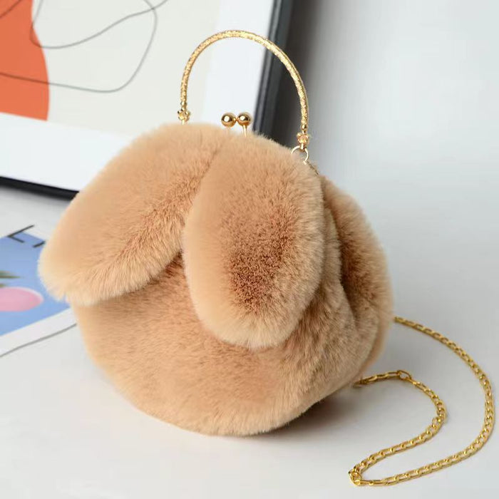 Wholesale Plush Shoulder Bag Women's Portable Crossbody Bag Chain Mobile Phone Bag All-match Small Round Bag Rabbit Ear Clamp Bag