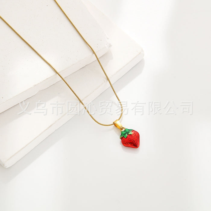Wholesale Sweet fruit series strawberry cherry oil drop pendant stainless steel earrings necklace jewelry suit