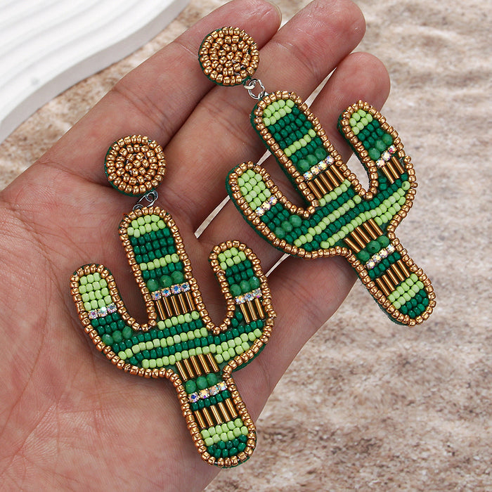 Wholesale Creative Retro Green Cactus Beaded Earrings