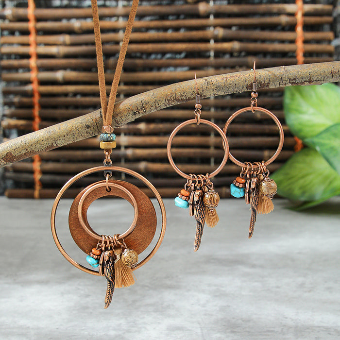 Wholesale Bohemian Dreamcatcher Tassel Earrings and Wooden Pendant Necklace Set
