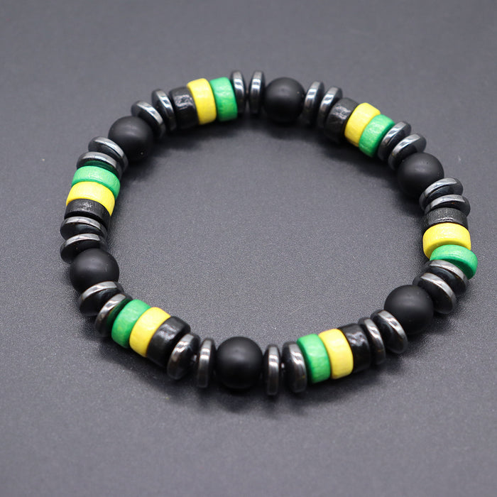 Wholesale Yellow Green Red Black Jamaica Stretch Bracelet Letter Resin Black Gallstone Wooden Beads Jamaica
