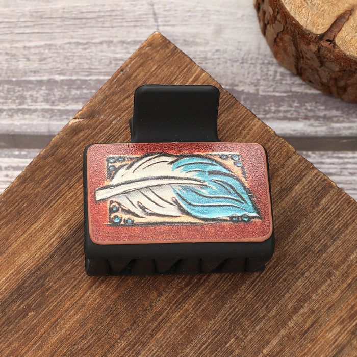 Wholesale Western Wind Sunflower Feather Pattern Leather Hairpin Shark Clip Women' s Grab Clip