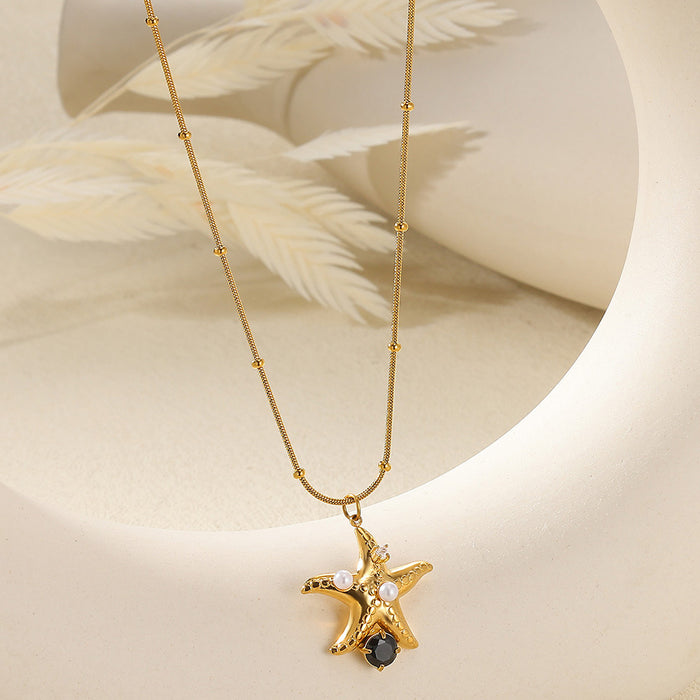 Wholesale Elegant Necklace Five-pointed Star Zircon Pearl Clavicle Chain  Titanium Steel