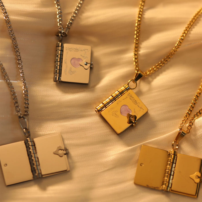Wholesale Titanium Steel Heart-Shaped Commemorative Butterfly Opening and Closing Book Necklace