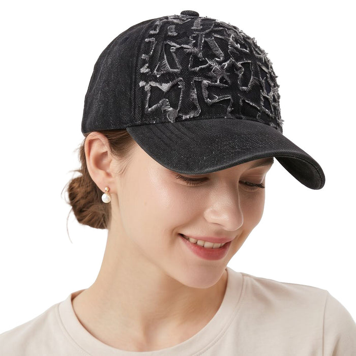 Wholesale Stylish Women' s Soft Top Washed Denim Baseball Cap with Cross Embroidery Sun Protection Hat