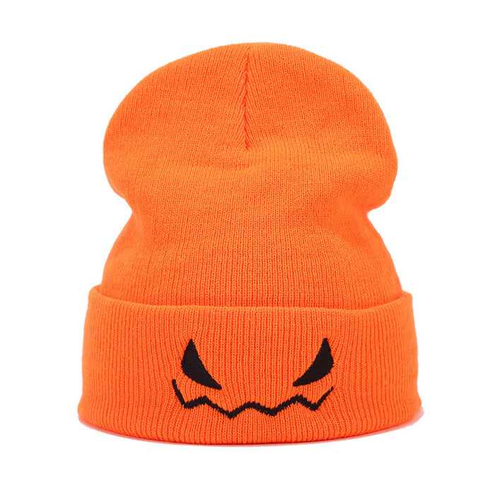 Wholesale Halloween Pumpkin Little Devil Embroidery Orange Wool Knitted Hat JDC-FH-LvYi057