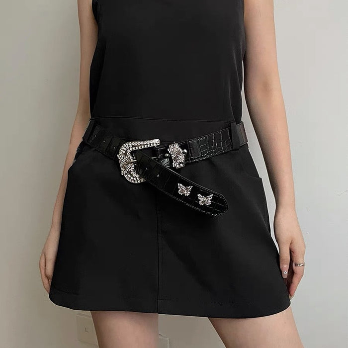 Wholesale Butterfly Buckle PU Rhinestone Women's Belt JDC-WB-XiX002