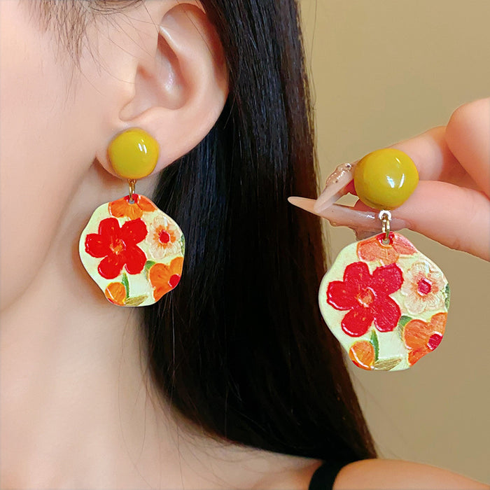 Wholesale Silver Acrylic Irregular Flower Earrings Pastoral Oil Painting Sweet  All-match Earrings