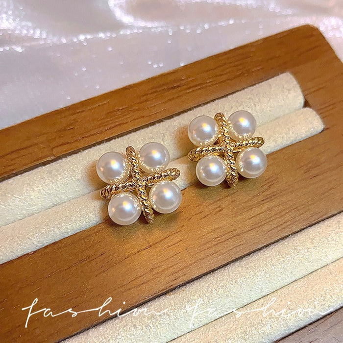 Wholesale Silver Needle Cross Square Pearl Earstuds Cross Small and Small Small Design Earrings Wholesale