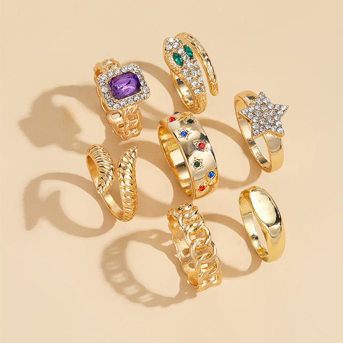 Wholesale Specially designed for personalized alloy 7-piece ring set, star niche stacking set, metal exaggerated opening ring set