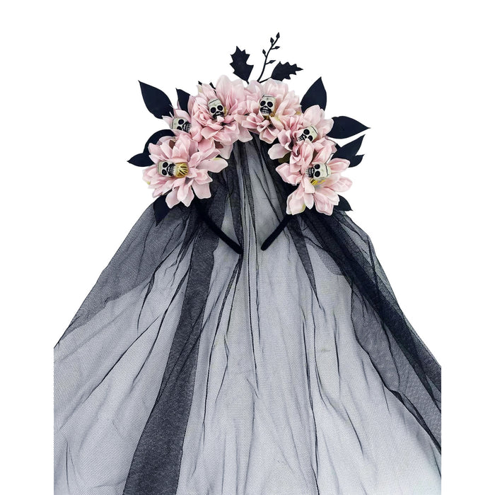 Wholesale Dark Style  Witch Mesh Headband With Skull Buckle And Faux Flower For Party Costume Accessory Resale