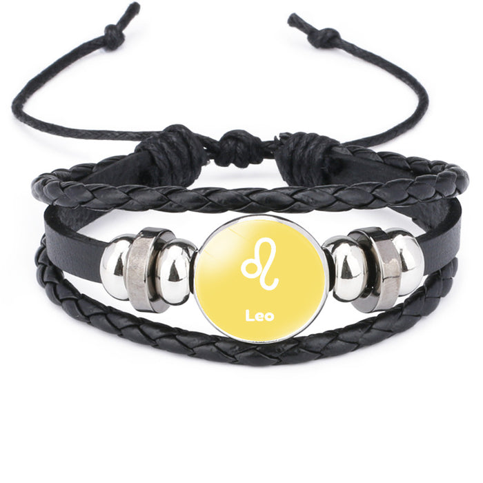 Wholesale Twelve Constellations Time Gemstone Black Leather Multi-layer Braided Bracelet JDC-BT-DMu003