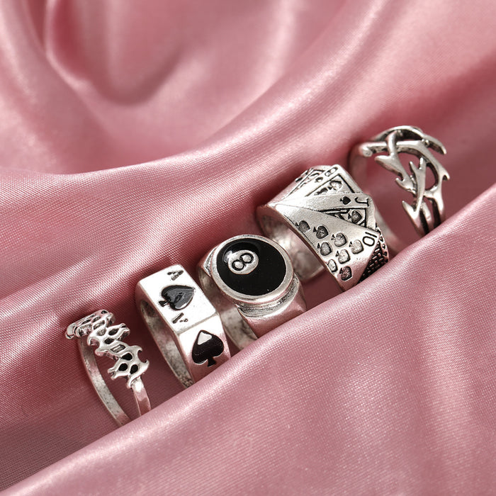 Wholesale Dark Retro Creative Spades a Card Ring Five-Piece Set Women' s Personalized Hand Accessories National Show Aliexpress Hot Selling
