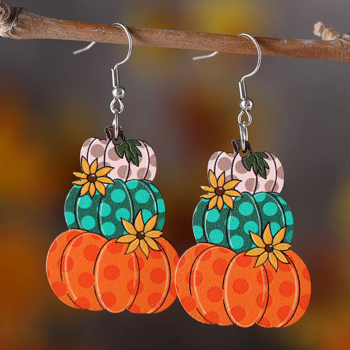 Wholesale Thanksgiving Autumn Harvest Polka Dot Plaid Pumpkin Flower Pendant Wooden Earrings JDC-ES-WenT023