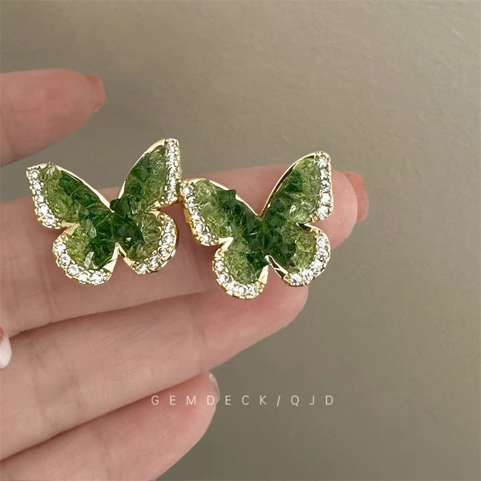 Wholesale Green Crystal Butterfly Earrings Women's Earrings Light Luxury Exquisite Earrings