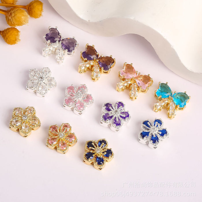 Wholesale Colored inlaid zircon with five petals of flowers, scattered beads, butterfly knots, heart-shaped zircon DIY handmade