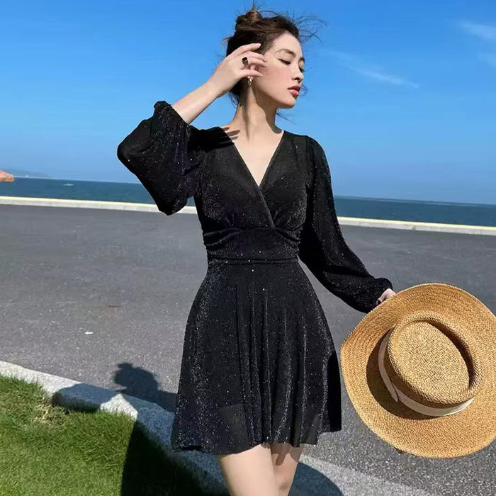 Wholesale Swimsuit one-piece long sleeved polyester temperament skirt style conservative slim fit sun protection hot spring swimsuit