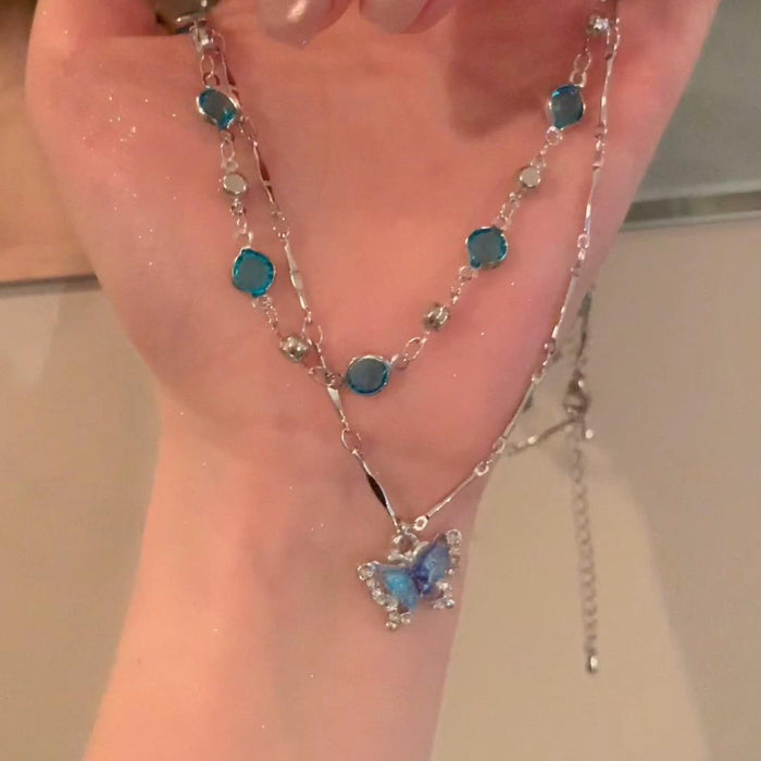 Wholesale Double layered blue butterfly zircon necklace with a luxurious and high-end feel, collarbone chain, fashionable design, niche